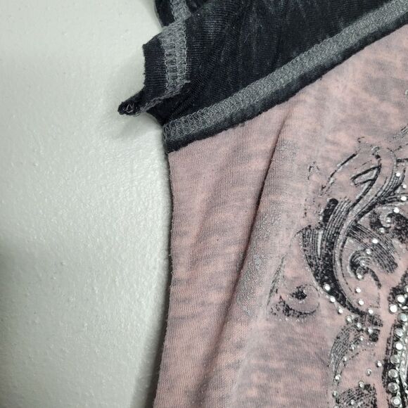 y2k pink black burnout cyber grunge MySpace thin cross wings top small - Picture 7 of 8